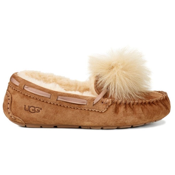 UGG Dakota Pom Pom Suede Chestnut Slippers Moccasins Women's Sz 8 - Picture 1 of 11